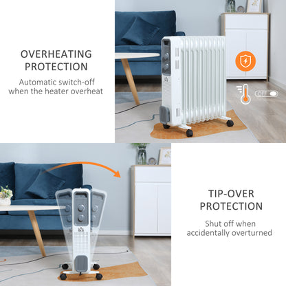 2500W Oil Filled Radiator, 11 Fin, Portable Electric Heater with 3 Heat Settings, Safety Cut-Off and Wheels