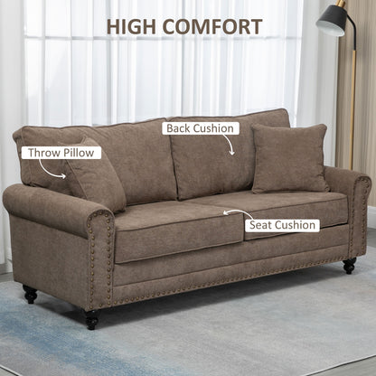 196cm 3 Seater Sofa, Fabric Sofa with Rubber Wood Legs, Nailhead Trim, 2 Pillows, Small Upholstered Couch Settee for Living Room, Guest Room