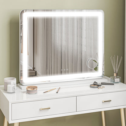 Vanity Mirror with Lights, Large 80x62 cm Lighted Makeup Mirror with 3 Colour, 10X Magnifying, USB Charging Port, Touch Screen, Tabletop or Wall Mounted Design, White