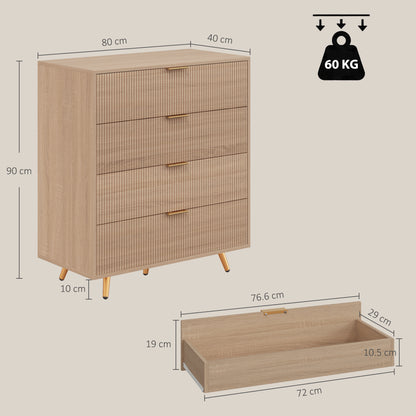 Bedroom Chest of Drawers with 4 Drawers, Fluted Dresser with Gold Tone Handles, Storage Cabinet, Natural