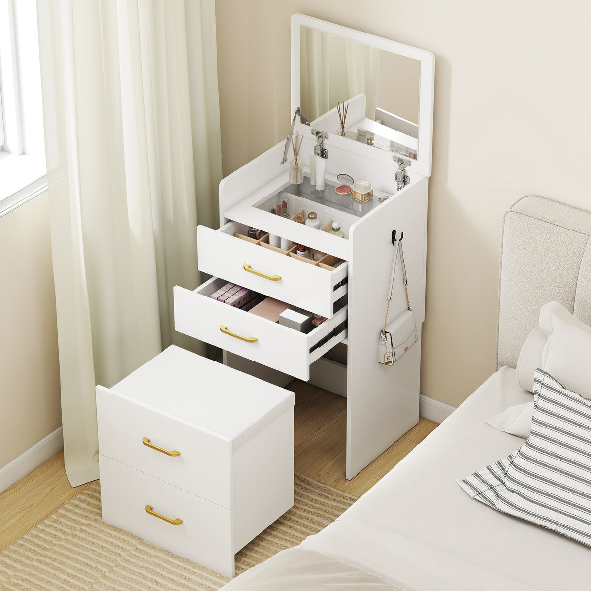 Compact Dressing Table and Stool Set, with Storage - White