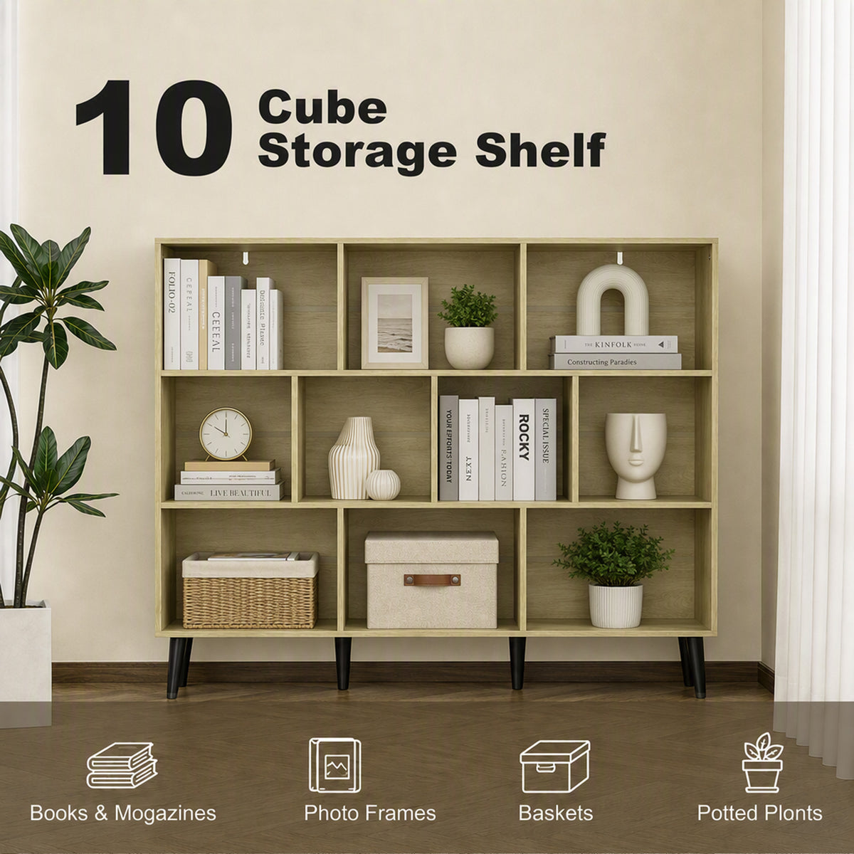 10-Cube Bookcase, 3-Tier Book Shelf with Solid Wood Legs, 140 cm Modern Bookshelf with Anti-Tip Kit