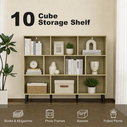 10-Cube Bookcase, 3-Tier Book Shelf with Solid Wood Legs, 140 cm Modern Bookshelf with Anti-Tip Kit