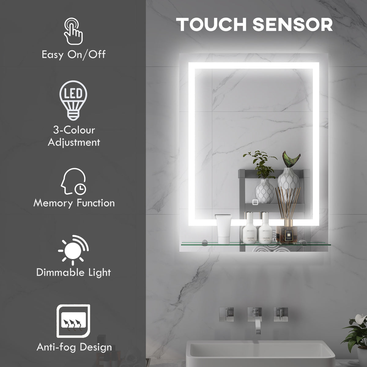 Large Vanity Mirror with Lights and Shelf, Illuminated bathroom Mirror with 3 Colour Brightness, Smart Touch, Anti-Fog