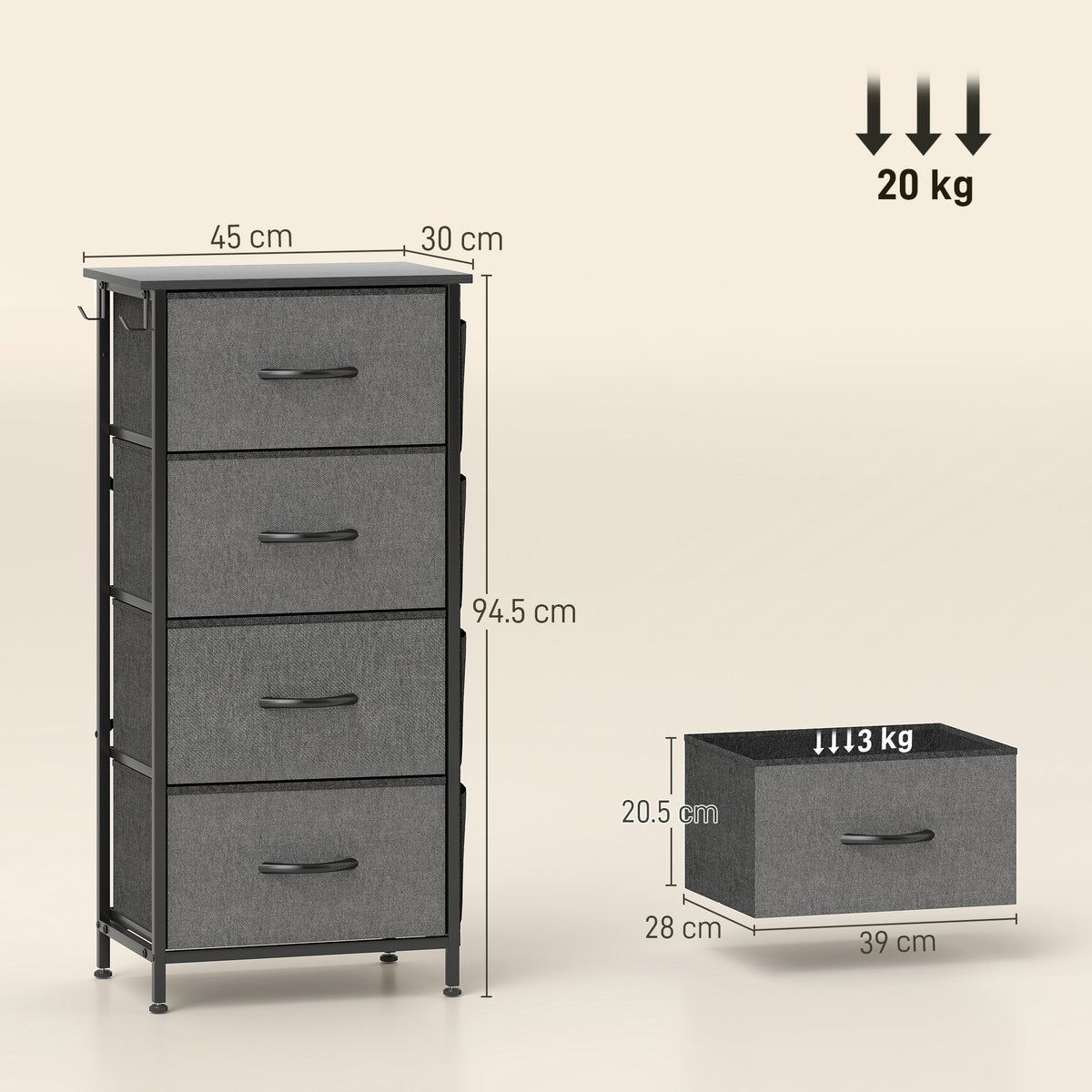 Chest of Four Fabric Drawers - Charcoal Grey
