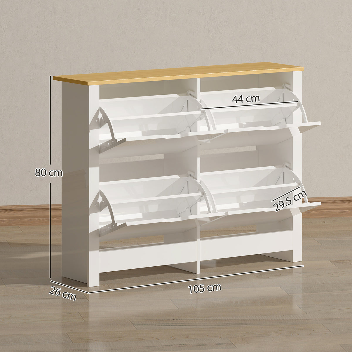 Slim Shoe Cabinet, Narrow Shoe Cupboard with 4 Flip Drawers, Adjustable Shelves for 16 Pairs of Shoes, White
