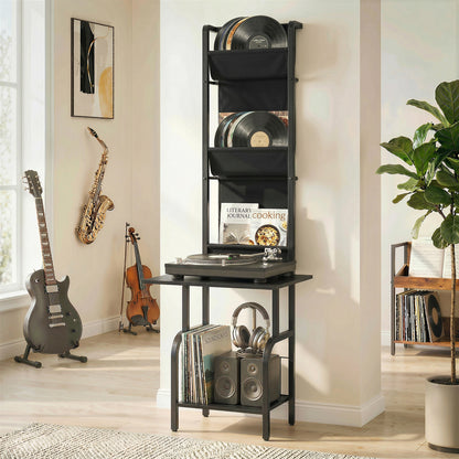 Vinyl Record Player Stand Record Storage with Player Stand Oxford Fabric Pockets Bottom Shelf