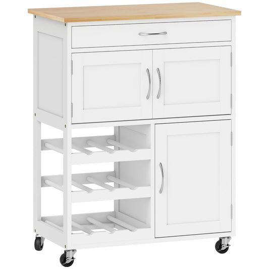 Modern Kitchen Trolley, Rolling Island Storage Cart with Drawer, 9-bottle Wine Rack, Door Cabinets, Wooden Countertop