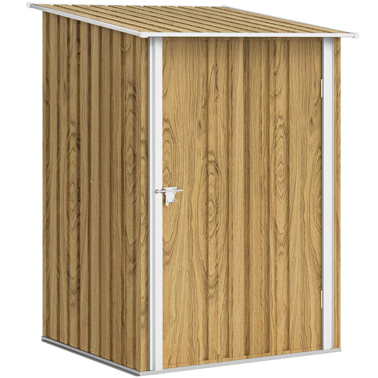 3.3 x 3.4ft Lean To Steel Garden Shed, with Locking Door - Light Brown Wood Effect/White