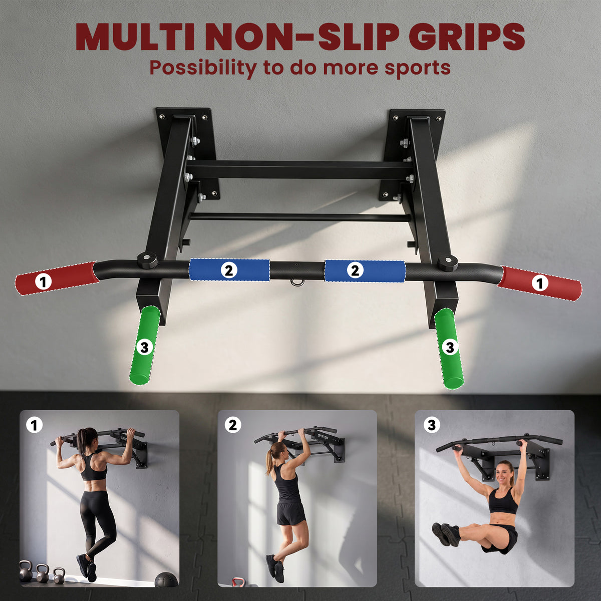 Pull Up Bar Wall Mounted Chin Up Bar with Folding Design, 3 Hooks for Resistance Bands, Supports up to 120 kg, Black