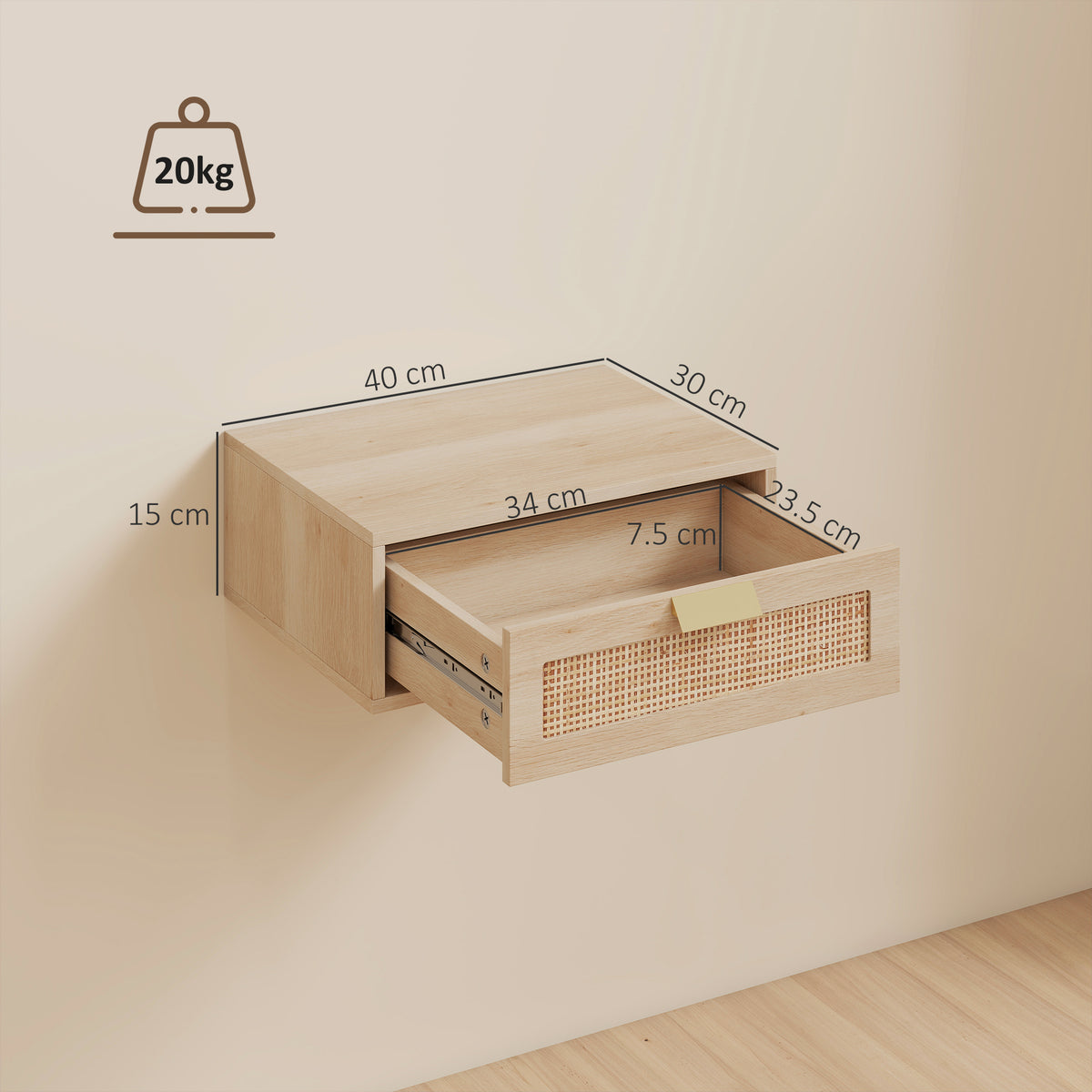 Floating Bedside Tables Set of 2, Wall Mounted Bedside Cabinets with Rattan Drawer and Wood Effect, Oak