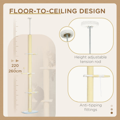 260cm Adjustable Floor-To-Ceiling Cat Tree w/ Anti-Tipping Kit, Toy Ball