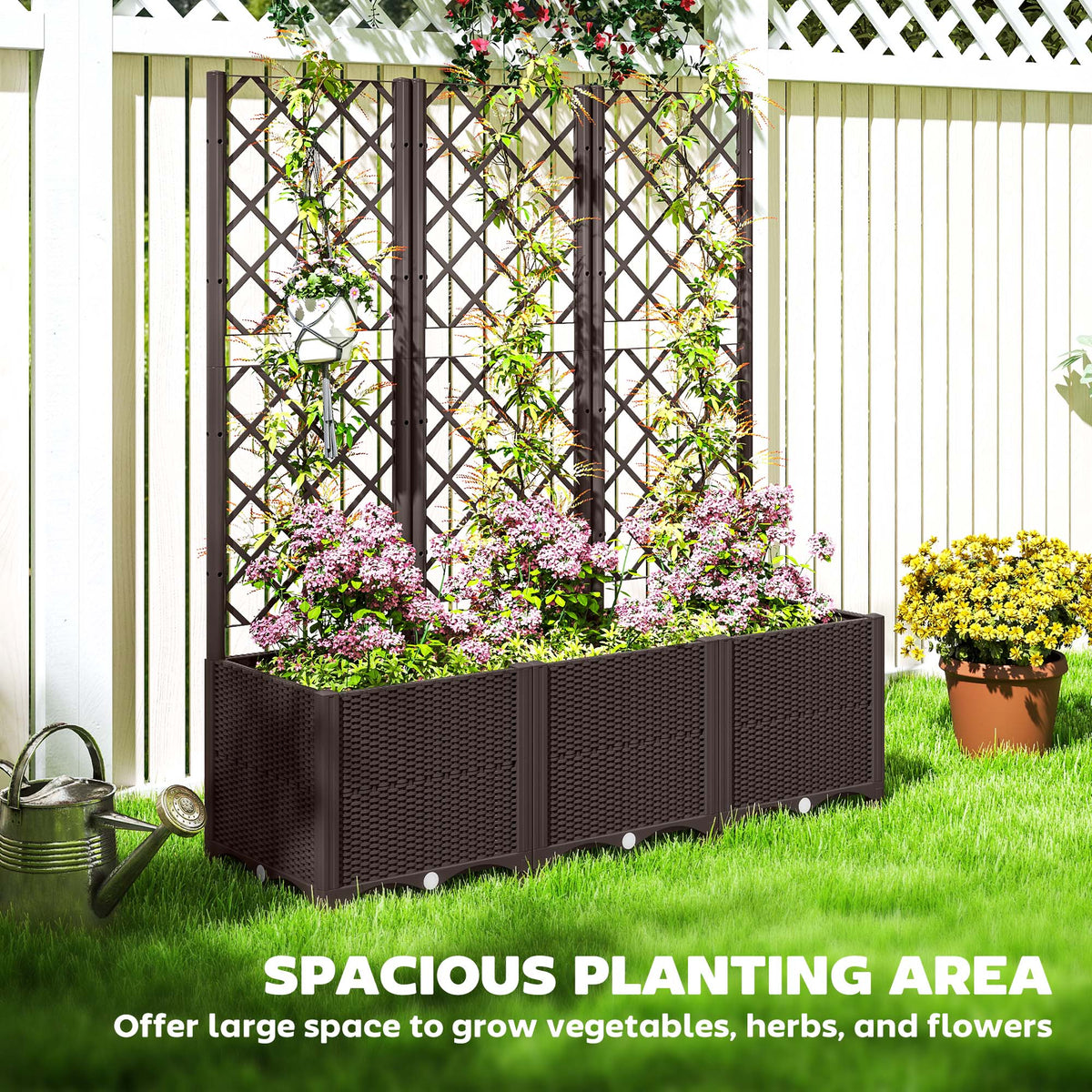 Raised Garden Bed with Trellis, Plastic Planter Box with Drainage Holes, Drain Plugs and Water Reservoirs for Climbing Plants, Vegetables, Flowers, Brown