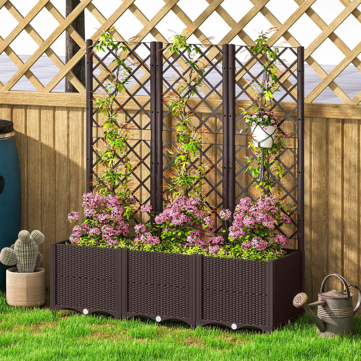 Raised Garden Bed with Trellis, Plastic Planter Box with Drainage Holes, Drain Plugs and Water Reservoirs for Climbing Plants, Vegetables, Flowers, Brown