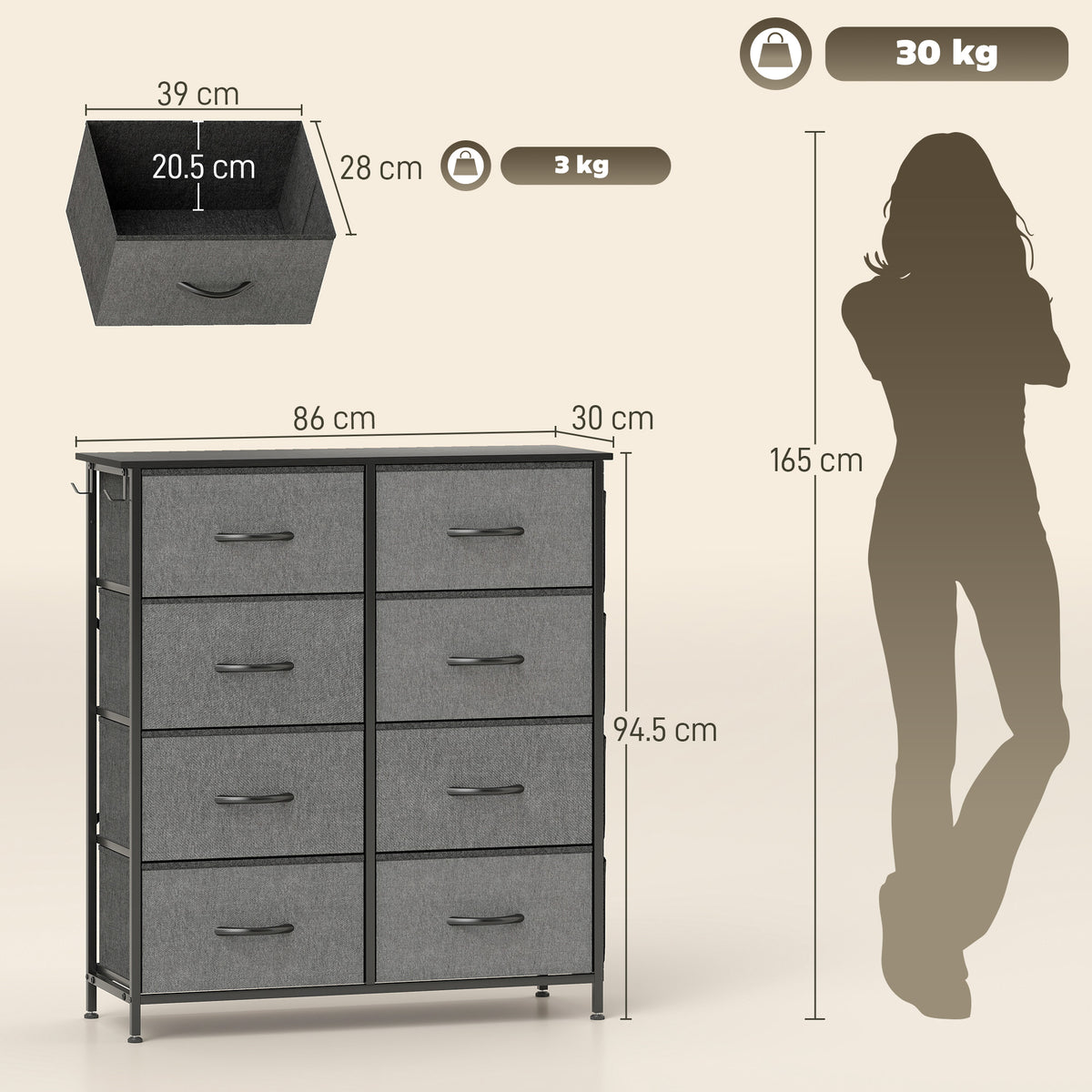 Chest of Eight Fabric Drawers - Charcoal Grey