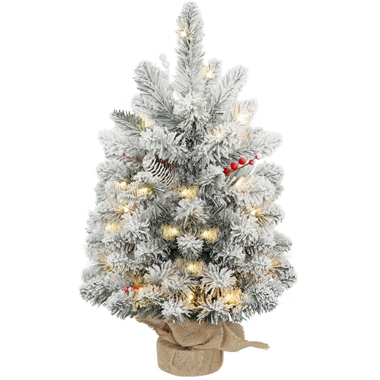 60 cm Prelit Small Christmas Tree with 35 LED Lights, Snow Flocked Tabletop Mini Xmas Tree with 72 Dense Branches, Pine Cones, Berry Clusters and Linen Cover Base, Battery Operated, Green