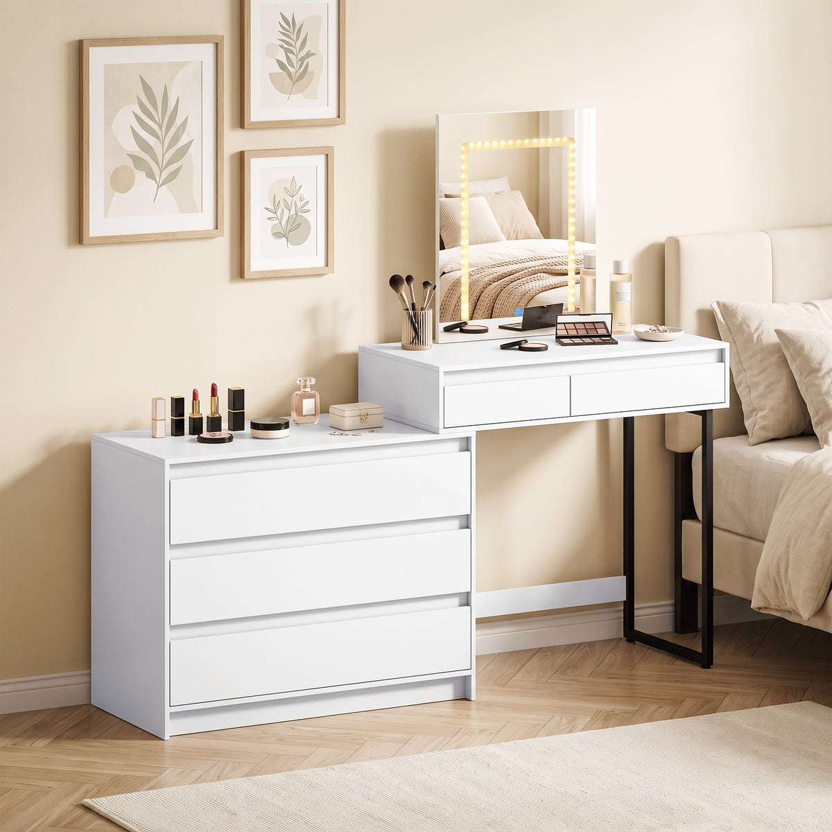 Vanity Makeup Desk LED Mirror Dressing Table Large Storage 5 Drawers White