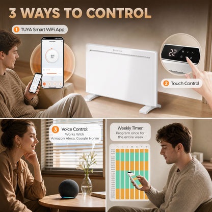 Smart Panel Heater Wall Mounted/Freestanding, Electric Heater with Weekly Timer, Open Window & Anti-Frost, 1500W, White