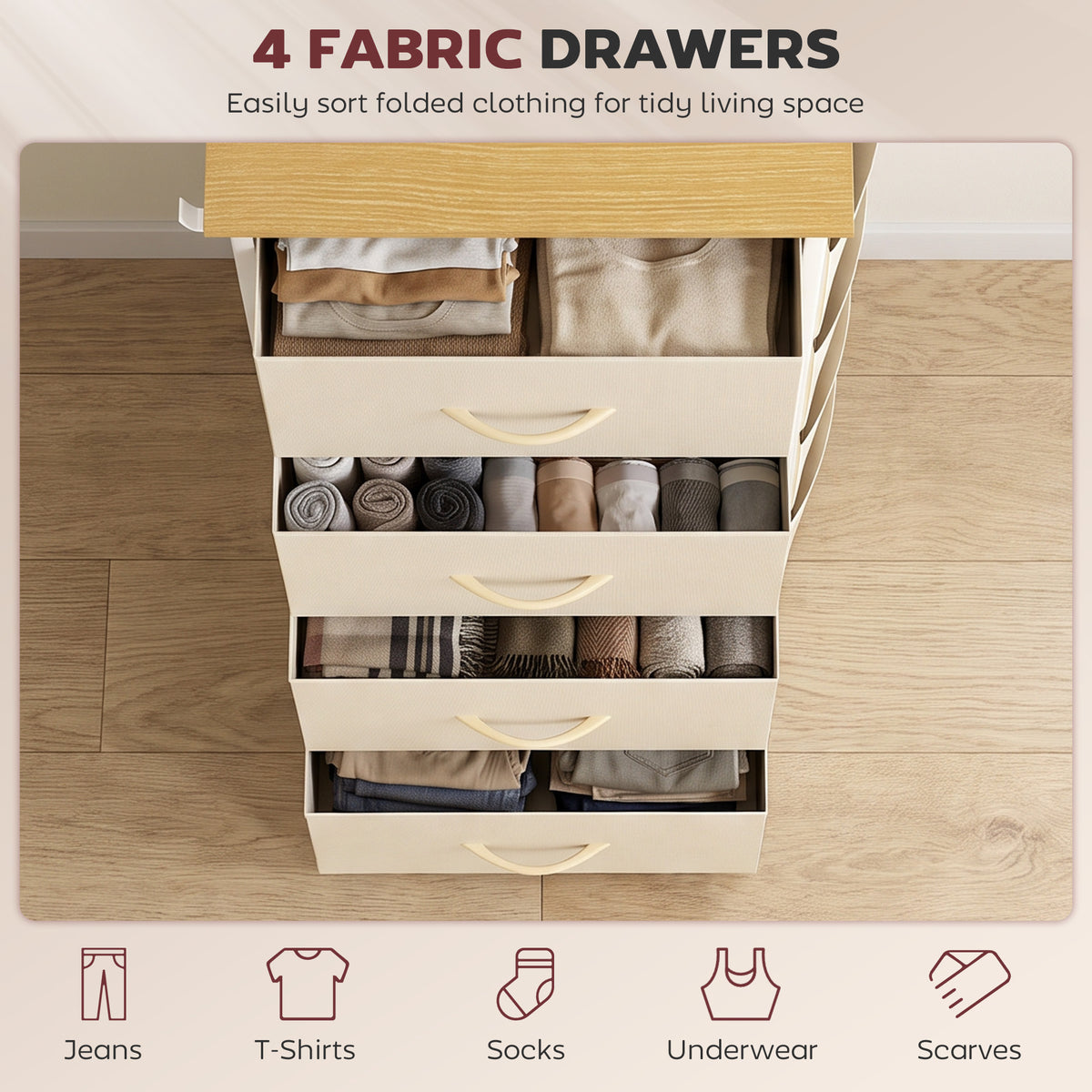 Chest of Drawers with 4 Fabric Drawers, Tall Storage Unit with 2 Hooks and Steel Frame for Bedroom, Beige