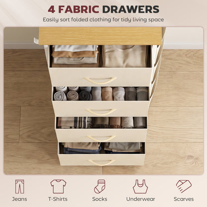 Chest of Drawers with 4 Fabric Drawers, Tall Storage Unit with 2 Hooks and Steel Frame for Bedroom, Beige
