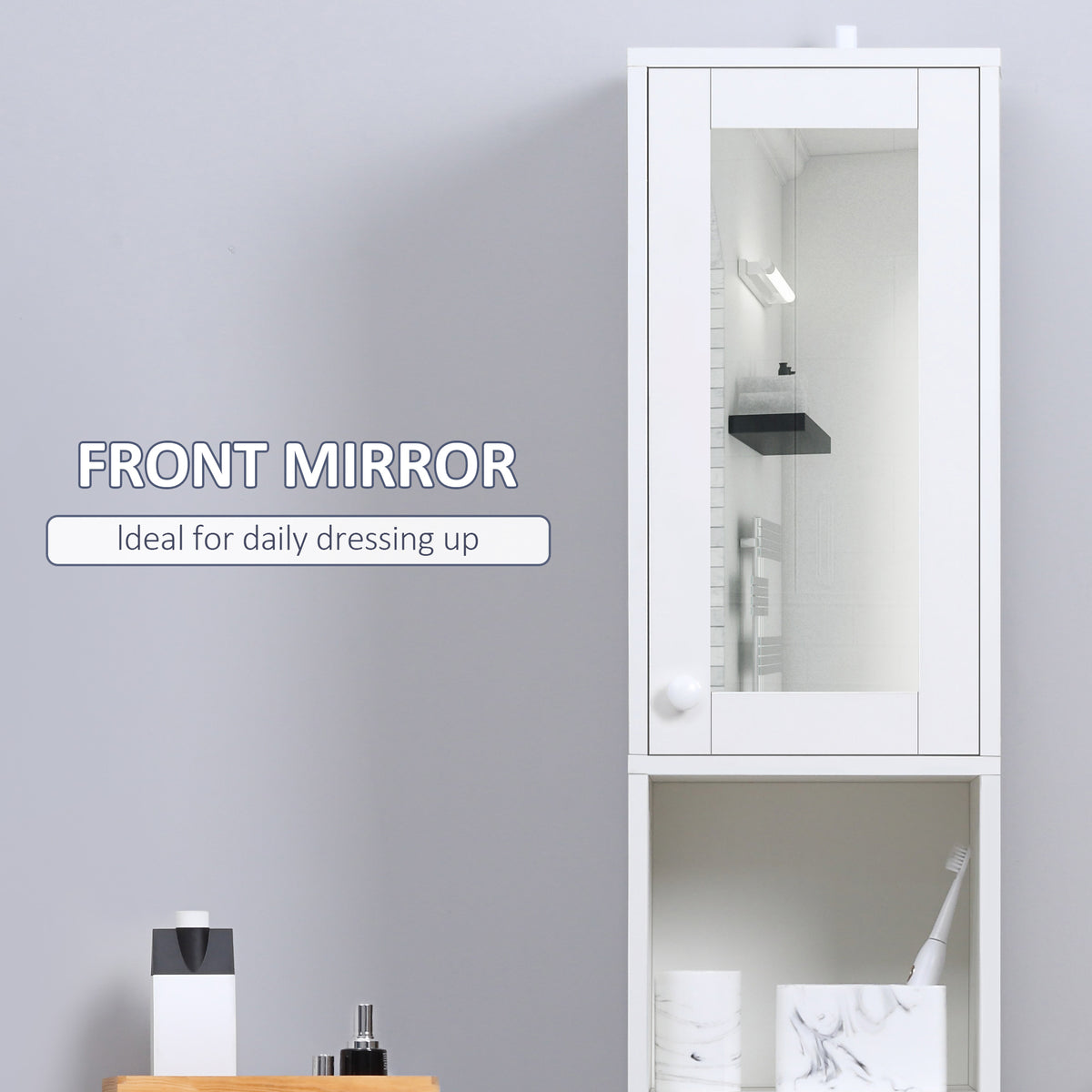 Tall Bathroom Storage Cabinet with Mirror, Narrow Bathroom Unit, Freestanding Bathroom Cupboard with Adjustable Shelves and 2 Doors, White