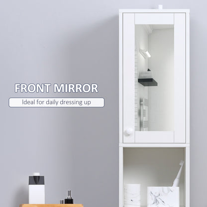 Tall Bathroom Storage Cabinet with Mirror, Narrow Bathroom Unit, Freestanding Bathroom Cupboard with Adjustable Shelves and 2 Doors, White
