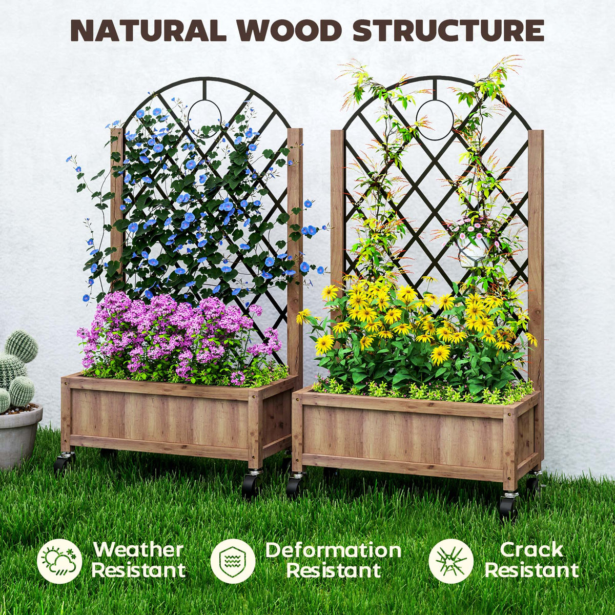 Wooden Planter, with Metal Trellis - Brown/Black