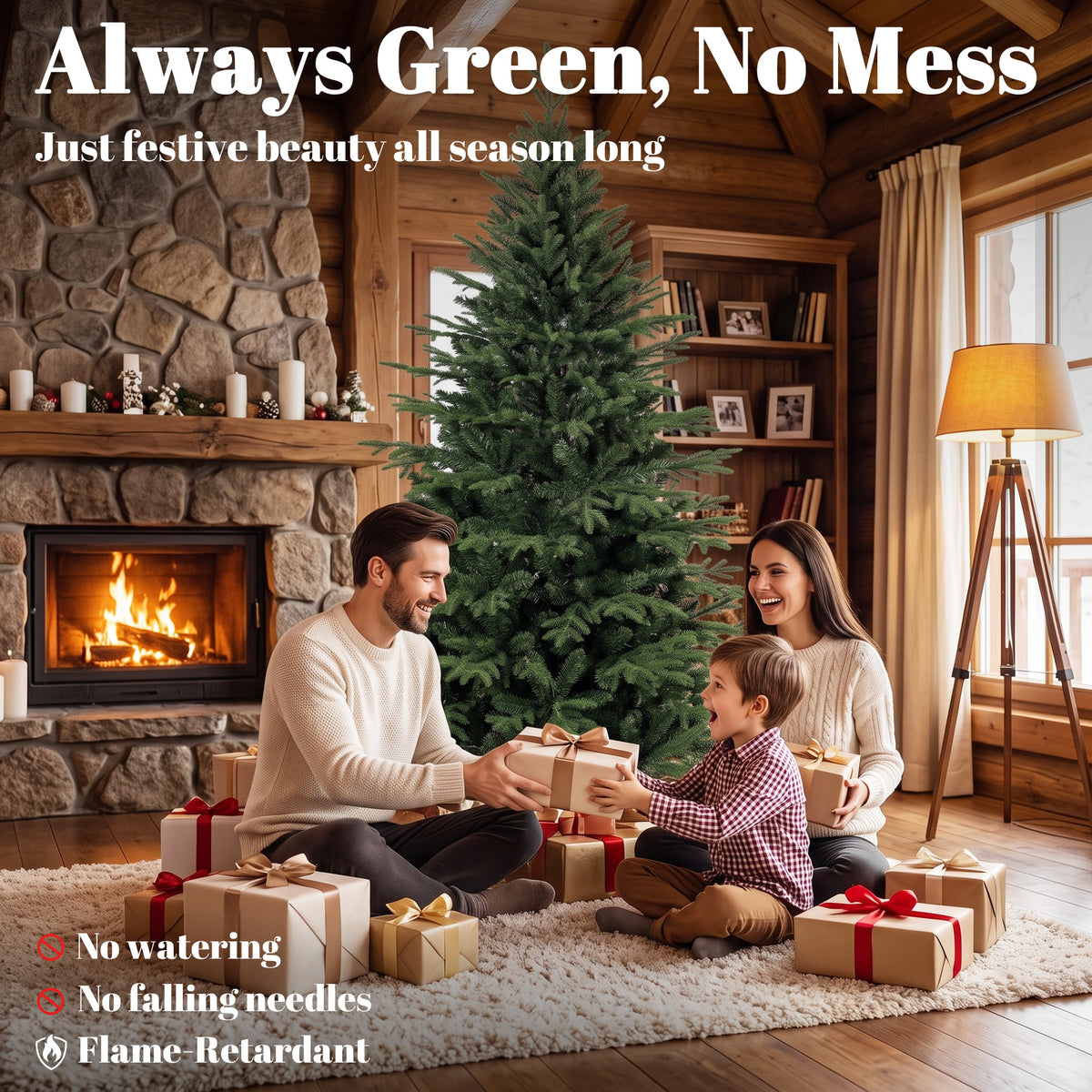 7ft Artificial Christmas Tree Full Hinged Xmas Tree Solid Pine Wood Stand, Green