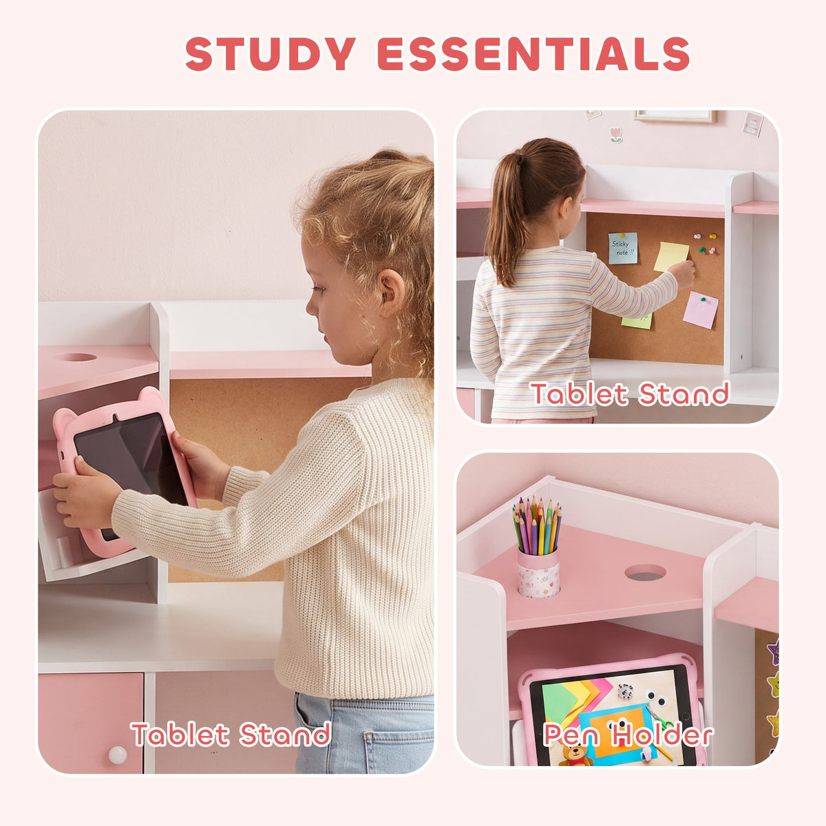 Kids Desk and Chair Set Storage Shelves Kids Desk Adjustable Tablet Stand Cork Board Pen Holder Pink