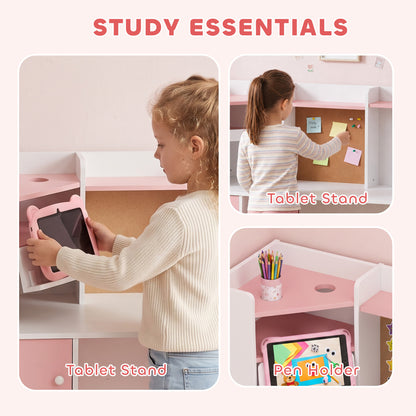 Kids Desk and Chair Set Storage Shelves Kids Desk Adjustable Tablet Stand Cork Board Pen Holder Pink