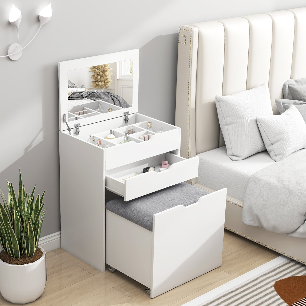 Dressing Table with Flip-up Mirror and Storage Stool, Vanity Table with Drawer and Hidden Compartments for Bedroom, Living Room, White