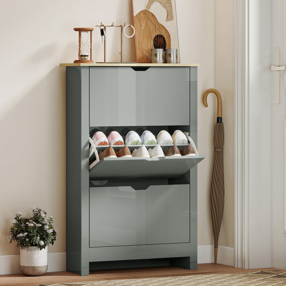 Slim Shoe Cabinet, Narrow Shoe Cupboard with 3 Flip Drawers, Adjustable Shelves for 18 Pairs of Shoes, Light Grey