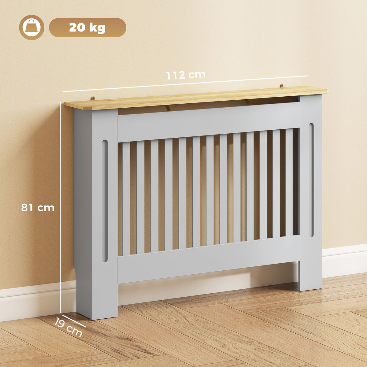 Slatted Radiator Cover, Painted Cabinet with Line Grill Design, 112W × 19D × 81H cm, Grey