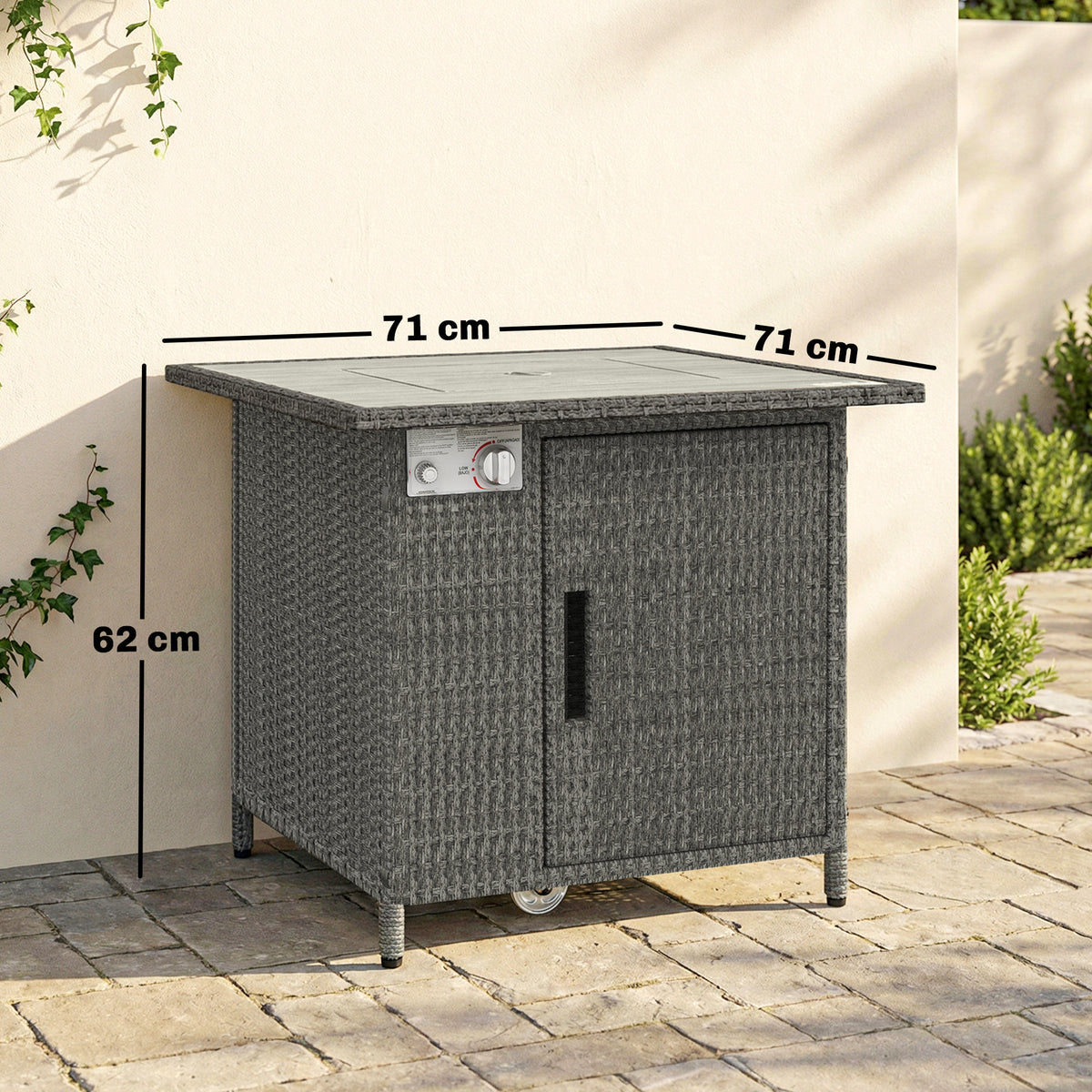 14.5 KW Rattan Gas Fire Pit Dining Table with Rain Cover, Wind Guard, Lid, Lava Rocks
