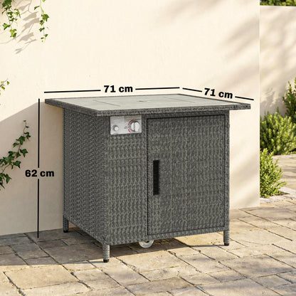 14.5 KW Rattan Gas Fire Pit Dining Table with Rain Cover, Wind Guard, Lid, Lava Rocks