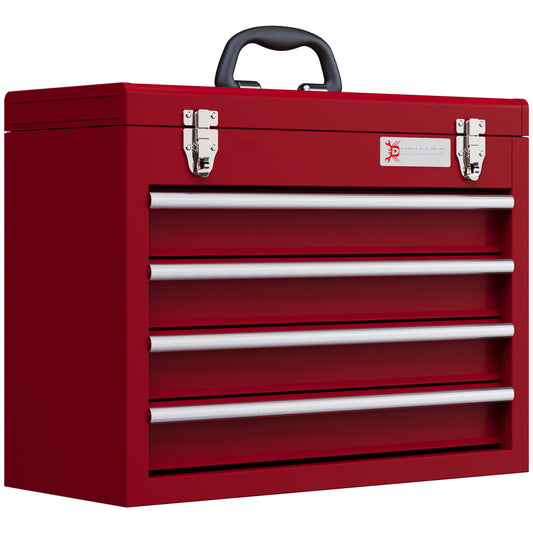 Lockable Metal Tool Box, 4 Drawer Tool Chest with Latches, Handle, Ball Bearing Runners, Red