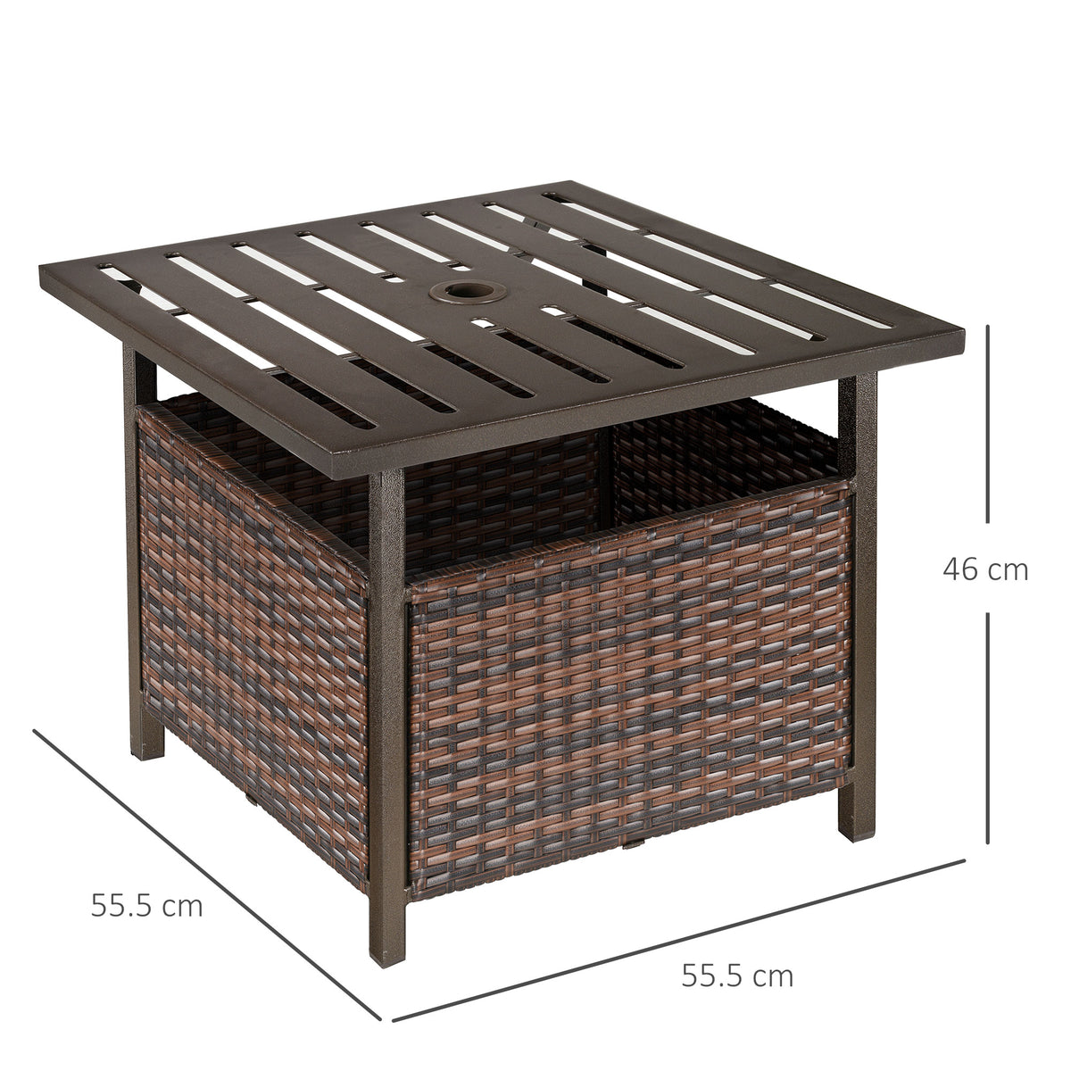 Rattan Garden Coffee Table, 55.5 cm Square Wicker Patio Side Coffee Table with 4 cm Umbrella Hole, Metal Bottom and Slatted Top for Outdoor, Balcony, Brown