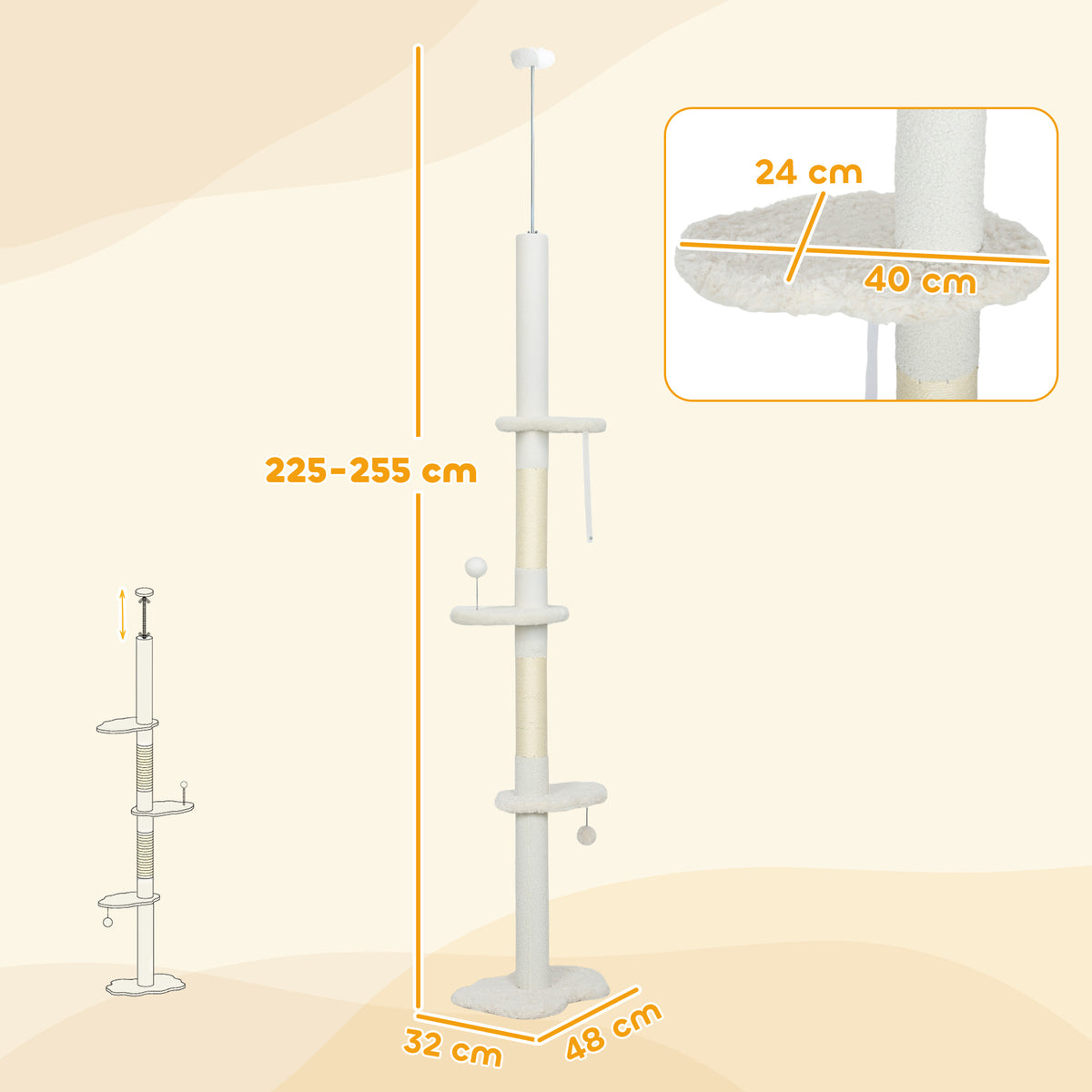 225-255 cm Adjustable Cat Climbing Tower with Sisal Scratching Posts, 2 Hanging Play Balls and Anti-Tip Strap, Beige