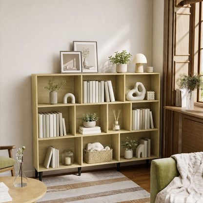 10-Cube Bookcase, 3-Tier Book Shelf with Solid Wood Legs, 140 cm Modern Bookshelf with Anti-Tip Kit