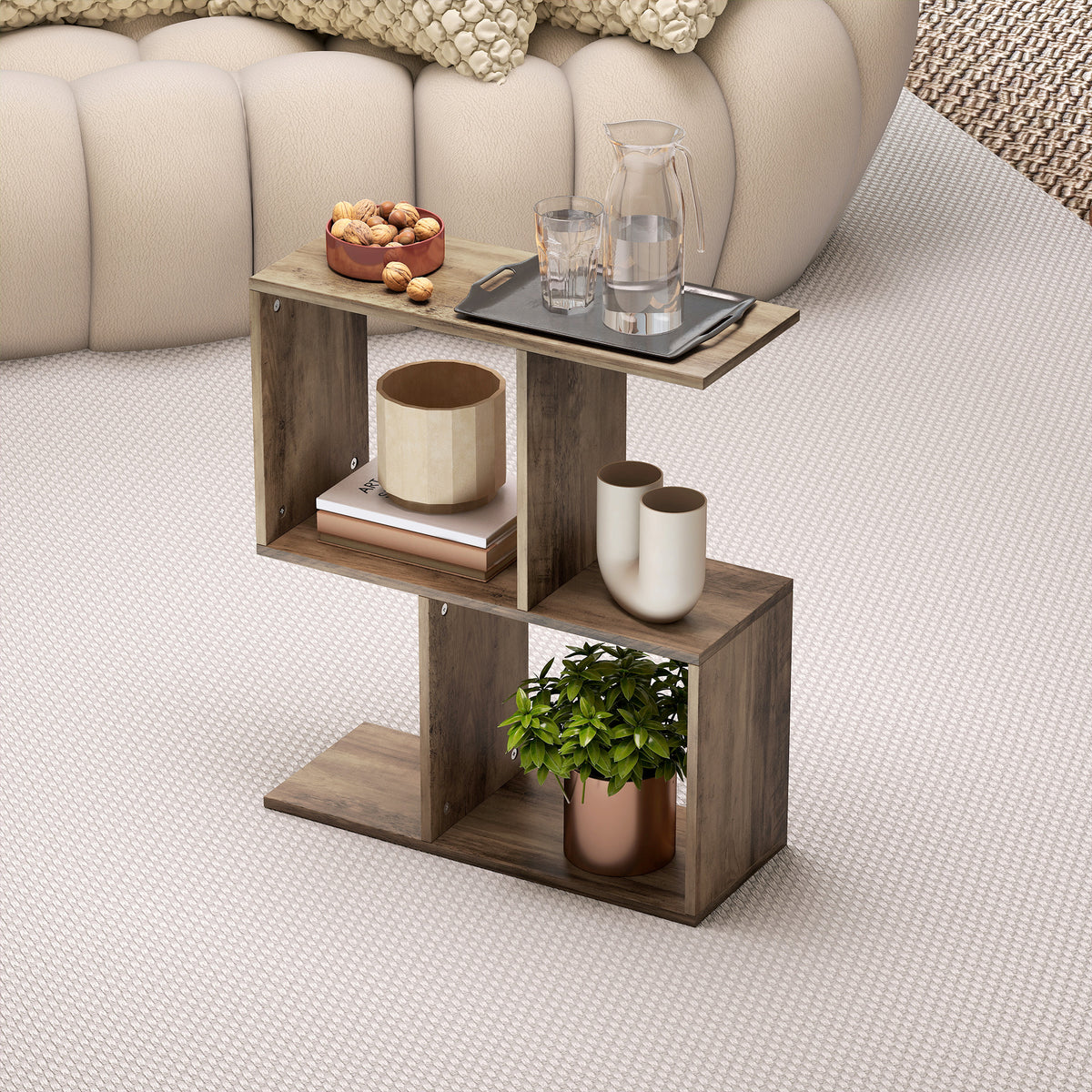 Side Table, Narrow End Table with Storage Shelves, S-Shaped, 3-Tier, 50W x 19.5D x 58H cm