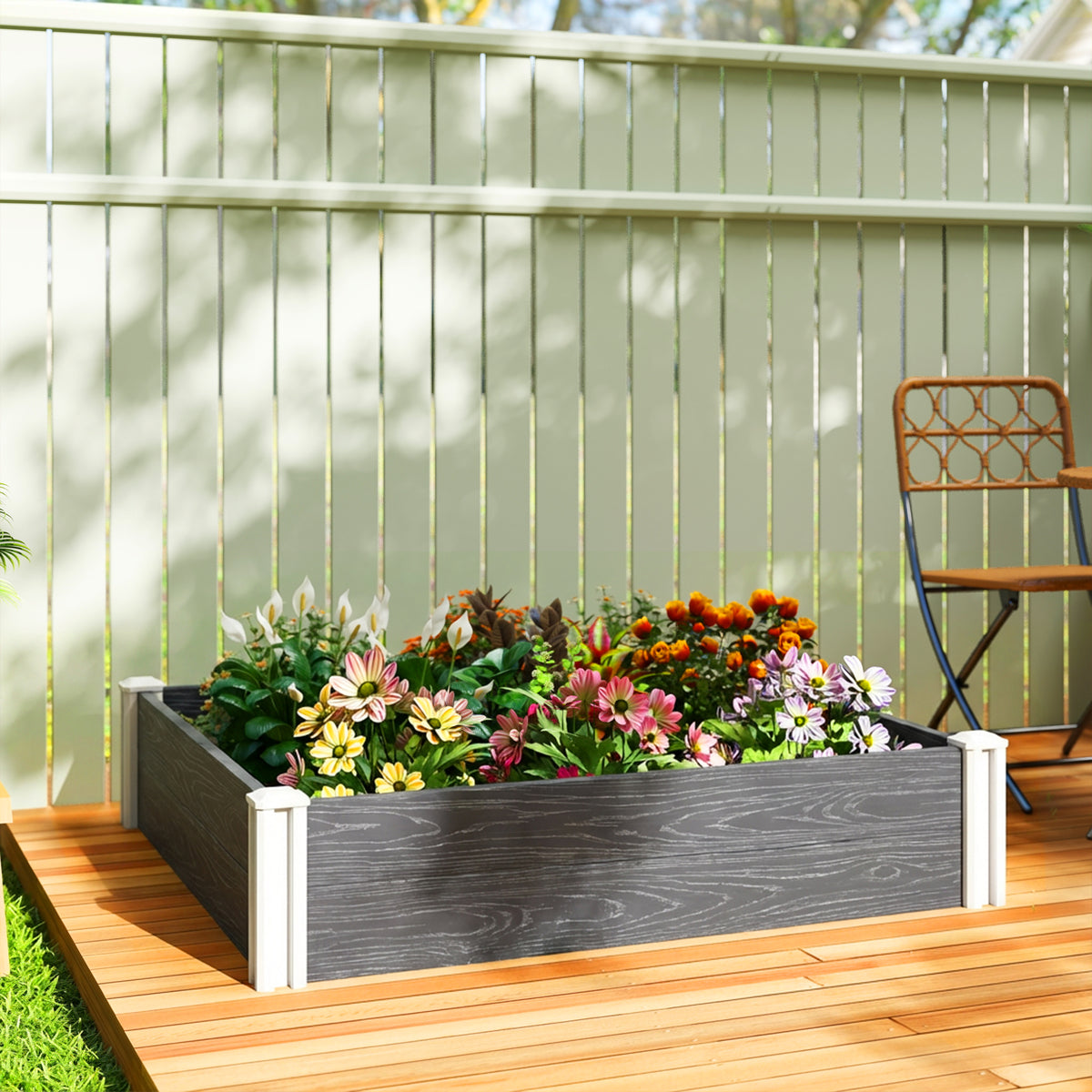 Vinyl Raised Garden Bed Kit, 3 x 3 x 1ft Modular Elevated Garden Box with Slotting Legs and Open Bottom, Dark Grey