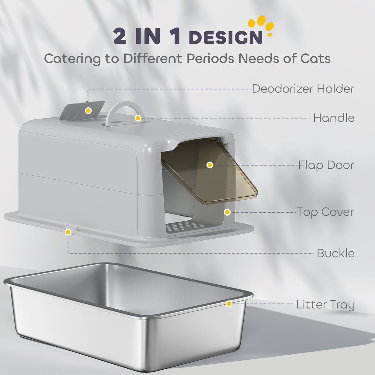 Stainless Steel Cat Litter Box with Removable Lid, Scoop, Filter Bags, for Larger Cats