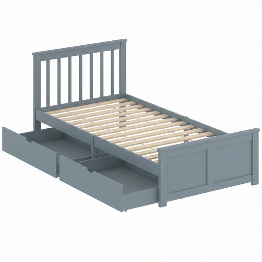Pine Storage Bed, 3ft Single Solid Wooden Bed Frame with Drawers, Headboard, Wood Slat Support