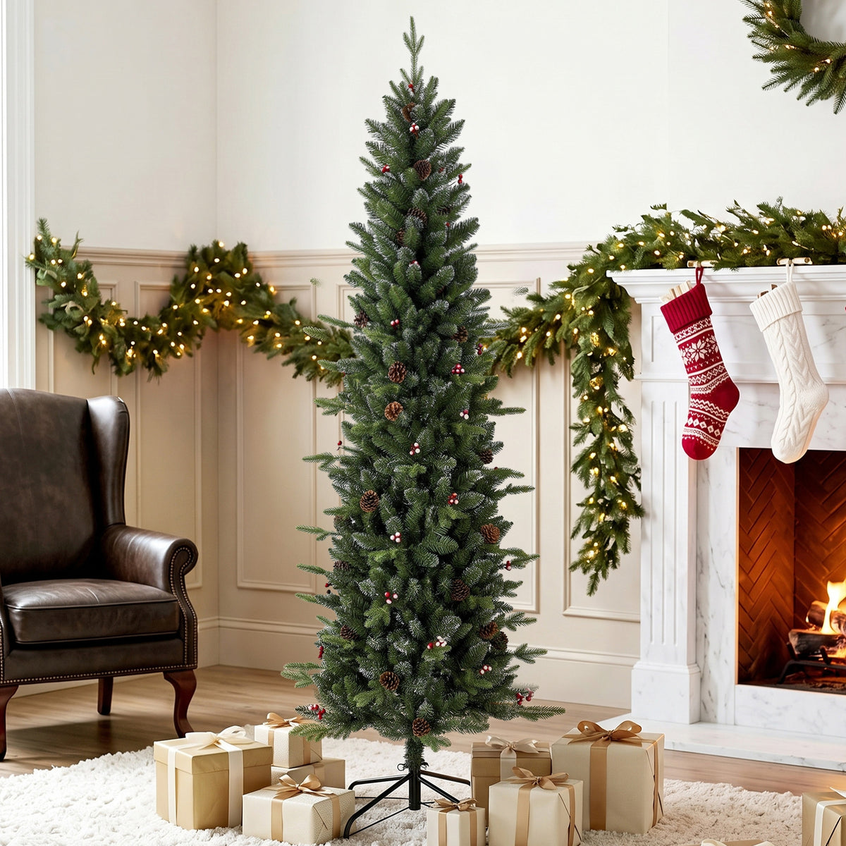 Slim Gracious Pine Xmas Tree, 6ft/180cm Artificial Christmas Tree with 688 Branch Tips, Foldable Steel Stand, Green