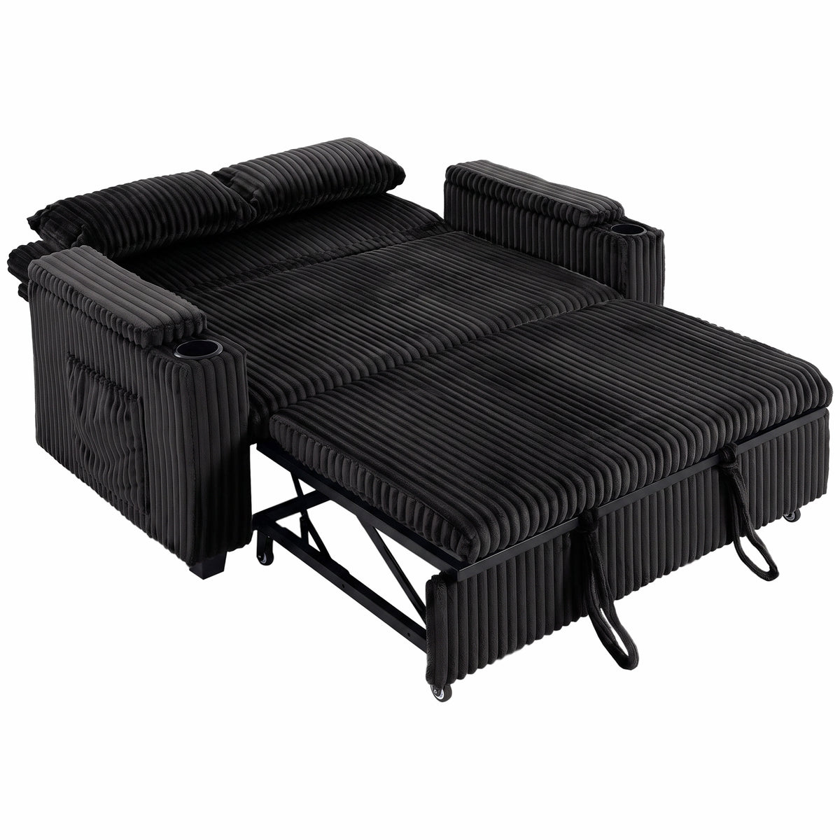 2 Seater Sofa Bed, Pull Out Sleeper Sofa w/ Adjustable Backrest, Storage Armrests, Cup Holders, Side Pockets