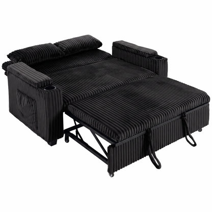 2 Seater Sofa Bed, Pull Out Sleeper Sofa w/ Adjustable Backrest, Storage Armrests, Cup Holders, Side Pockets