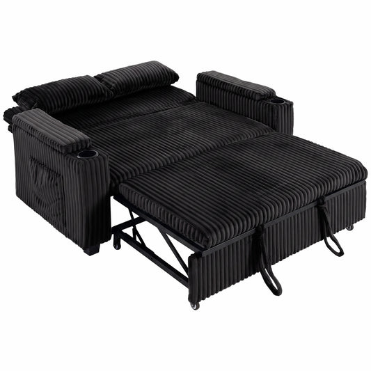 2 Seater Sofa Bed, Pull Out Sleeper Sofa w/ Adjustable Backrest, Storage Armrests, Cup Holders, Side Pockets