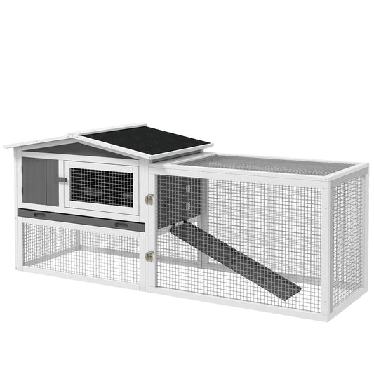 Rabbit Hutch with Ramp Wooden Guinea Pig Hutch Outdoor Bunny Cage with Sliding Tray, Hay Rack