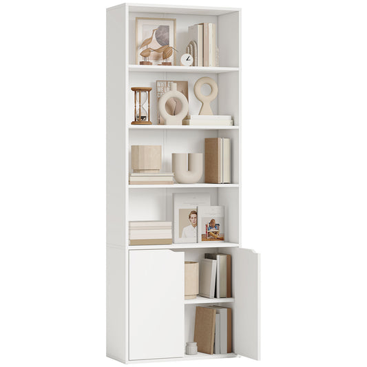 6-Tier Tall Bookcase, Bookshelf with 4 Open Shelves and Double Door Storage Cabinet, Freestanding Display Rack for Living Room, Bedroom, Home Office, Study, 59 x 29 x 180cm, White