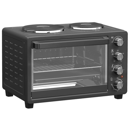 28L Toaster Oven with Double Hotplate, 1600W Countertop MIni Oven with 60 Minute Timer & 230°C Temp Control, Baking Tray & Wire Rack, Black
